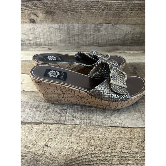 Yellow Box Braided Metallic Rhinestone Buckle Cork Wedge Sandals Size 10 - Picture 5 of 9